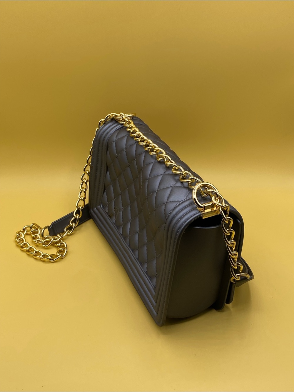 Quilted Chain-Accent Shoulder Bag in Gray with Gold Hardware - Picture 4 of 4